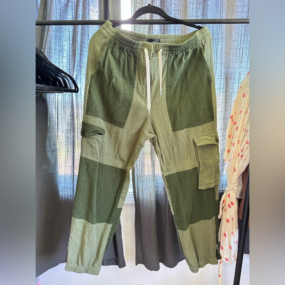 J Crew green patchwork cargo jogger pants linen blend